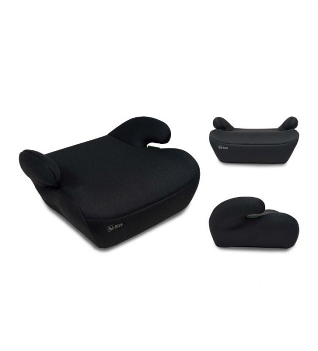 Black Asalvo SmartSafe I-Size booster seat shown in a single image with front three quarter view, rear view, and side profile view on a white background