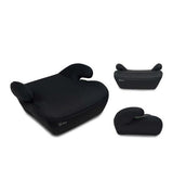 Black Asalvo SmartSafe I-Size booster seat shown in a single image with front three quarter view, rear view, and side profile view on a white background