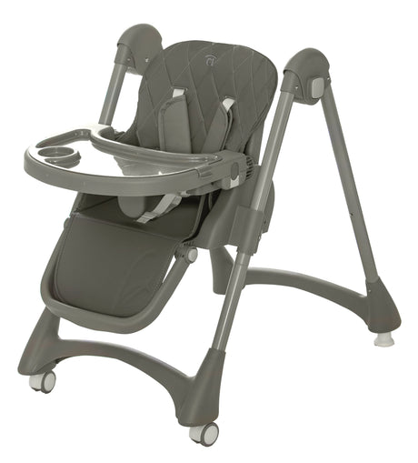 Asalvo Soja Mimosa Highchair front angle showing tray, footrest, wheels and padded seat