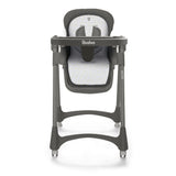 Asalvo Soja Mimosa Highchair front view showing Asalvo tray, cushioned seat, harness and wheels