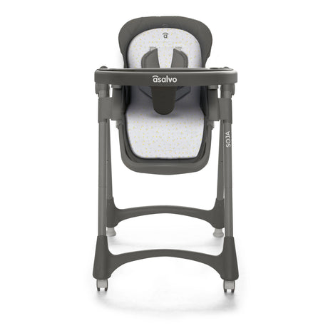 Asalvo Soja Mimosa Highchair front view showing Asalvo tray, cushioned seat, harness and wheels