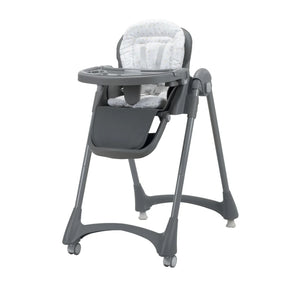 Asalvo Soja Mimosa Highchair front view showing tray, seat cushion, harness and grey frame