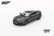 Mini GT James Bond No Time To Die Aston Martin DBS grey RHD prototype viewed from the front left showing the grille, bonnet vents, black roof and alloy wheels