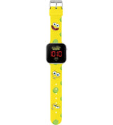 Full front view of SpongeBob SquarePants LED watch showing yellow printed strap and red digital display in Ireland.