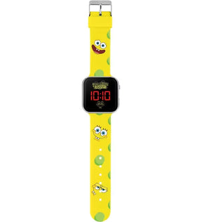 Full front view of SpongeBob SquarePants LED watch showing yellow printed strap and red digital display in Ireland.