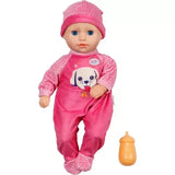 Baby Born Anna Pink 36cm front view with blue eyes, pink outfit and feeding bottle