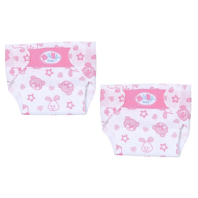 Two Baby Born doll nappies front view with pink waistbands and Baby Born logos