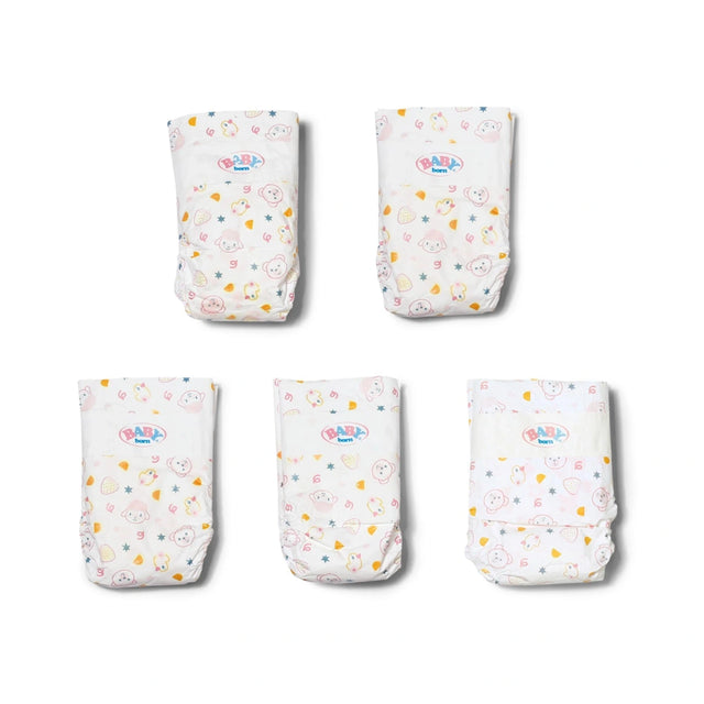 Baby Born Nappies 5 Pack showing five printed doll nappies