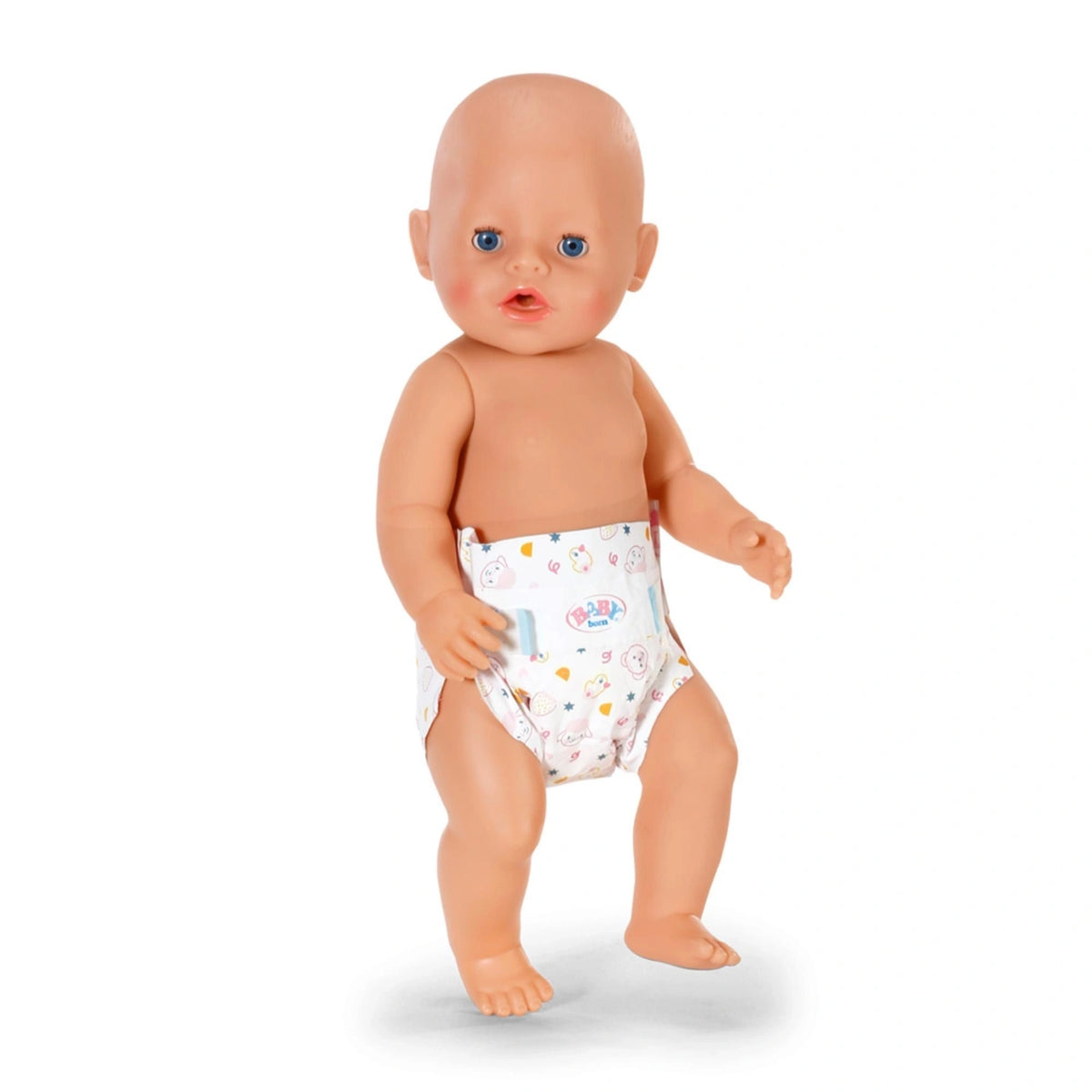 Baby Born doll standing in a white printed nappy