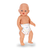Baby Born doll standing in a white printed nappy