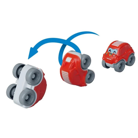 Three positions of the red Baby Clementoni rescue car showing its somersault movement, with the car upright, turning over and upside down, connected by blue curved arrows.