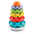 Baby Clementoni Stacking Rings with five colourful textured rings in turquoise, red, yellow, green and purple, topped with an orange dome on a grey rocking base.