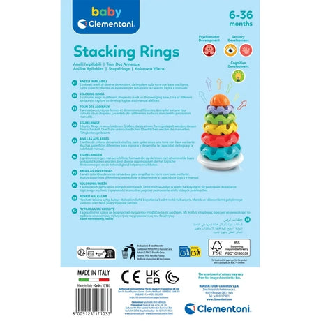 Back of Baby Clementoni Stacking Rings packaging showing the colourful ring tower, multilingual product descriptions, 6 to 36 months age marking and barcode 8005125171033.