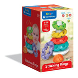 Baby Clementoni Stacking Rings retail box showing the colourful textured rings, grey rocking base, orange dome, baby photograph and 6 to 36 months age marking.