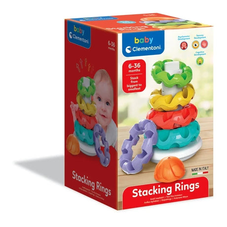 Baby Clementoni Stacking Rings retail box showing the colourful textured rings, grey rocking base, orange dome, baby photograph and 6 to 36 months age marking.