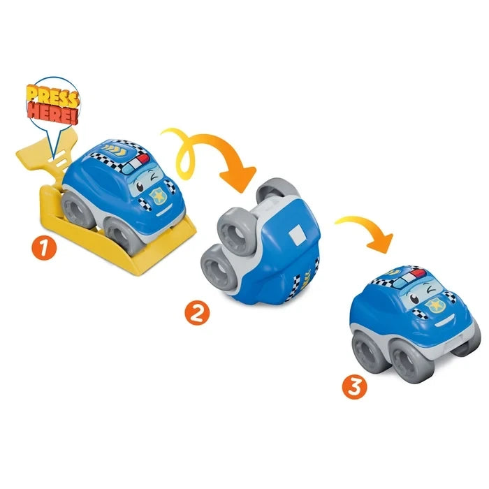 Three-step illustration showing the blue Baby Clementoni police car on a yellow launcher, flipping upside down and landing on its wheels, with orange directional arrows.
