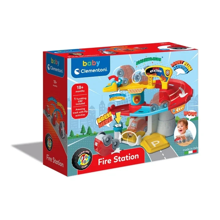 Baby Clementoni Tumbling Cars Fire Station retail packaging showing the colourful fire station, red rescue car, tumbling action illustrations, child photograph and 18 months age marking.