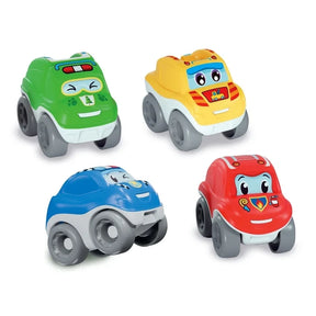 Baby Clementoni Tumbling Cars Rescue Force assortment showing four cartoon rescue vehicles in green, yellow, blue and red, with smiling faces and large grey wheels on a white background.