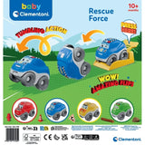 Baby Clementoni Rescue Force packaging graphic showing a blue police car performing a forward somersault from a yellow launcher, with illustrations of the four rescue vehicle designs and 10+ months marking.