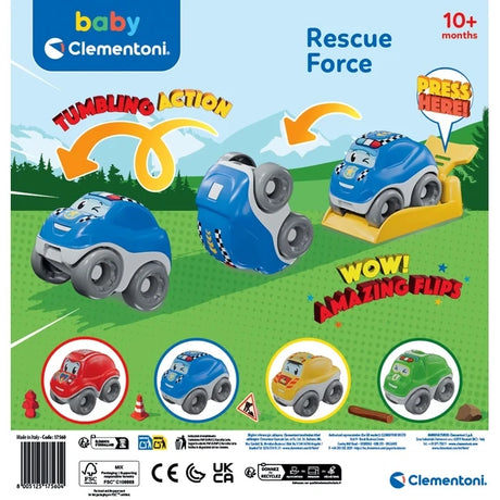 Baby Clementoni Rescue Force packaging graphic showing a blue police car performing a forward somersault from a yellow launcher, with illustrations of the four rescue vehicle designs and 10+ months marking.