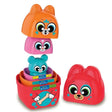 Baby Clementoni What's Inside? showing orange cat, pink rabbit and blue mouse nesting pieces above a red dog container, with the red dog head positioned beside them.