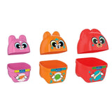 Baby Clementoni What's Inside? showing three animal containers opened into separate heads and bases, with pink rabbit, orange cat and red dog designs.