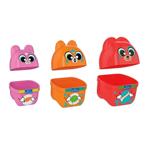 Baby Clementoni What's Inside? showing three animal containers opened into separate heads and bases, with pink rabbit, orange cat and red dog designs.