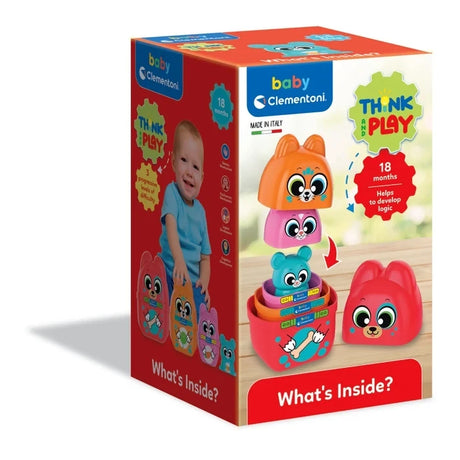 Baby Clementoni Think & Play What's Inside? retail box showing the colourful animal nesting pieces, a child playing with the toys and 18 months age marking.