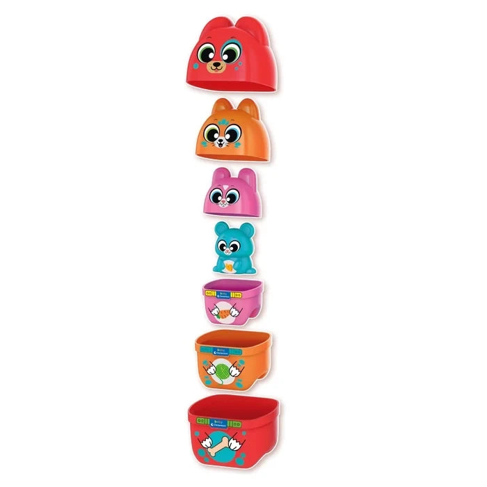 Baby Clementoni What's Inside? seven nesting pieces arranged vertically, showing red dog, orange cat and pink rabbit heads, a blue mouse figure and three colourful containers.