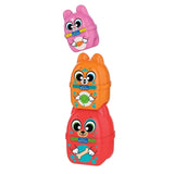 Baby Clementoni What's Inside? animal containers stacked into a tower, with a red dog at the bottom, orange cat in the middle and pink rabbit above.