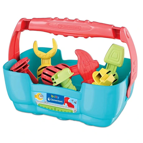 Baby Clementoni Workbench converted into a turquoise toolbox with red carrying handle, containing colourful toy tools, screws and fastening accessories.
