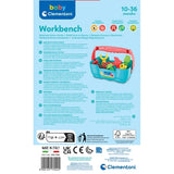 Back of the Baby Clementoni Workbench packaging showing the converted toolbox, multilingual product descriptions, 10 to 36 months age marking and barcode.