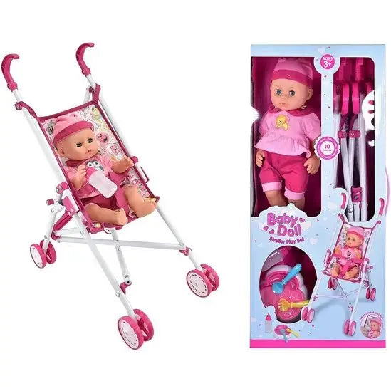 Baby doll seated in a pink and white toy stroller with floral seat fabric, shown beside its retail box packaging