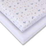 Close view of the Under the Sea patterned jersey travel cot sheet fitted over a mattress corner with a second plain white sheet visible underneath