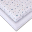 Fitted jersey travel cot sheet with Under the Sea pattern shown over a plain white sheet, highlighting the elasticated corner and layered fabric