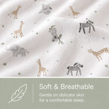 Baby Elegance Safari jersey fitted sheet close up with elephant, giraffe and zebra print