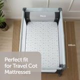 Baby Elegance Safari fitted sheet on travel cot mattress showing 70 cm by 100 cm size guide
