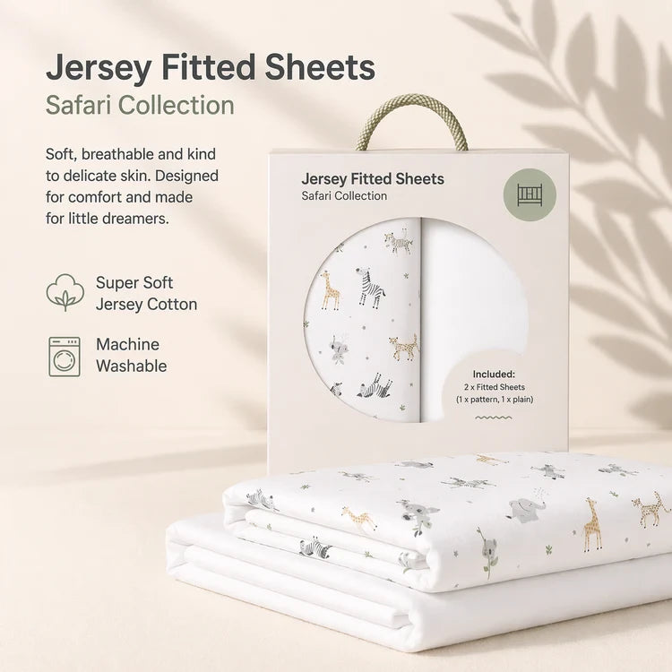 Baby Elegance Safari Jersey Fitted Sheets packaging with folded sheets and super soft jersey cotton icons