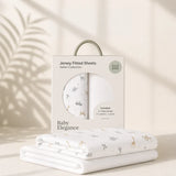 Baby Elegance Safari Jersey Fitted Sheets packaging beside folded safari print sheets