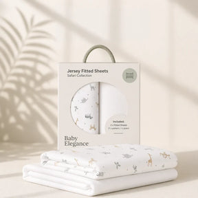 Baby Elegance Safari Jersey Fitted Sheets packaging beside folded safari print sheets
