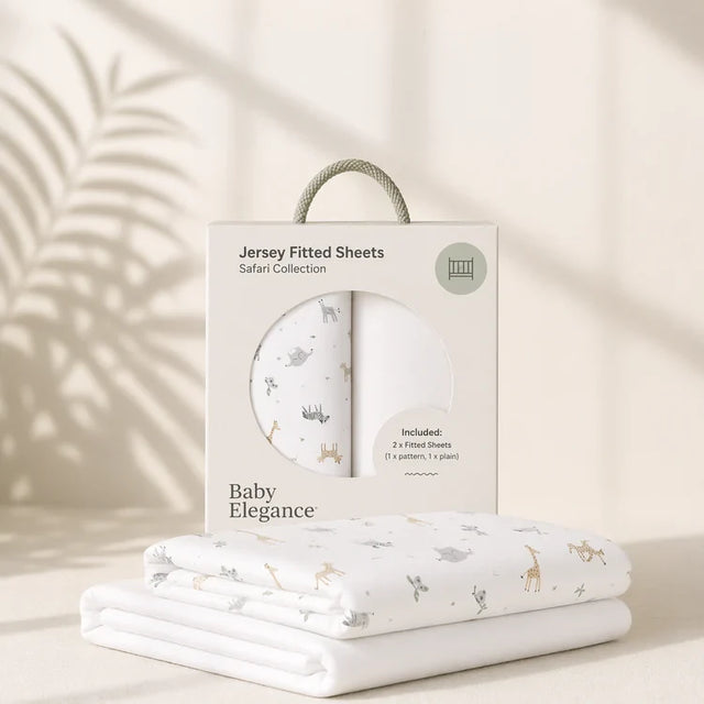 Baby Elegance Safari Jersey Fitted Sheets packaging beside folded safari print sheets