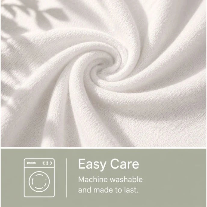 White jersey fabric close up with Easy Care machine washable graphic