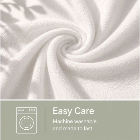 White jersey fabric close up with Easy Care machine washable graphic
