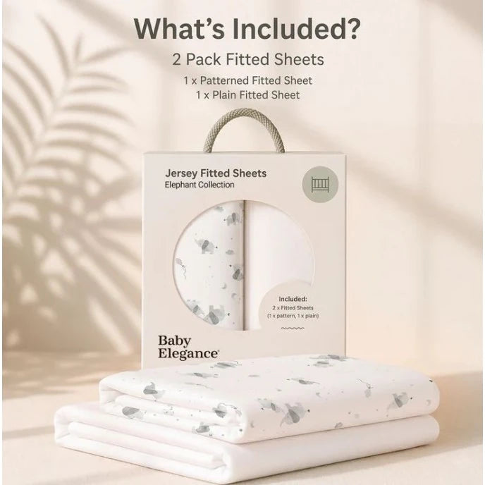 Baby Elegance Jersey Fitted Sheets Elephant Collection packaging showing two pack fitted sheet contents