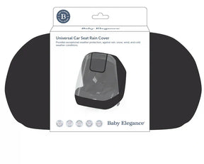 Baby Elegance Universal Car Seat Rain Cover shown in retail packaging with clear front panel and black edging around the cover