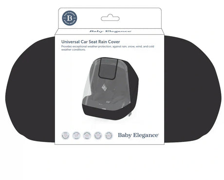 Baby Elegance Universal Car Seat Rain Cover shown in retail packaging with clear front panel and black edging around the cover