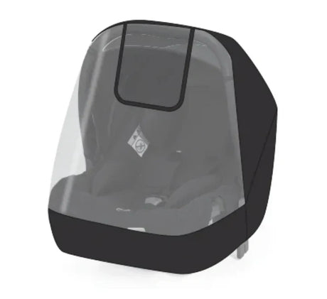 Baby Elegance Universal Car Seat Rain Cover fitted over an infant car seat, showing transparent cover with black fabric border