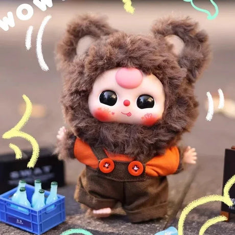 Baby Three De Lovely Series plush toy in brown bear outfit from Labubu style mystery blind box collection