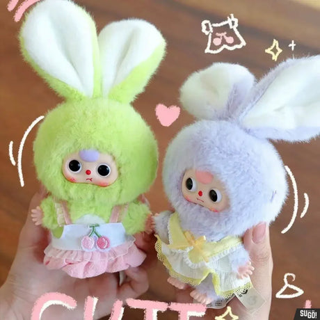 Two Baby Three Mini Tiny Rabbit plush dolls in pastel outfits from Labubu style collectible blind box series
