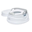 Assembled white and grey Babylo 4 in 1 potty with side handles and wide stable base, shown with the lid placed next to the unit on a white background
